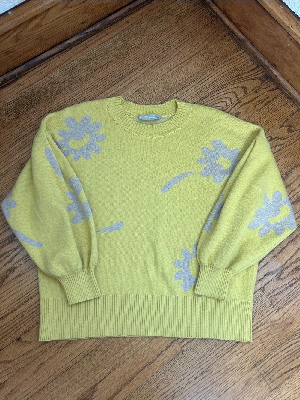 EVERLANE Floral Cotton Merino Wool Crew Neck Puff Sleeve Sweater Size L - Picture 7 of 10